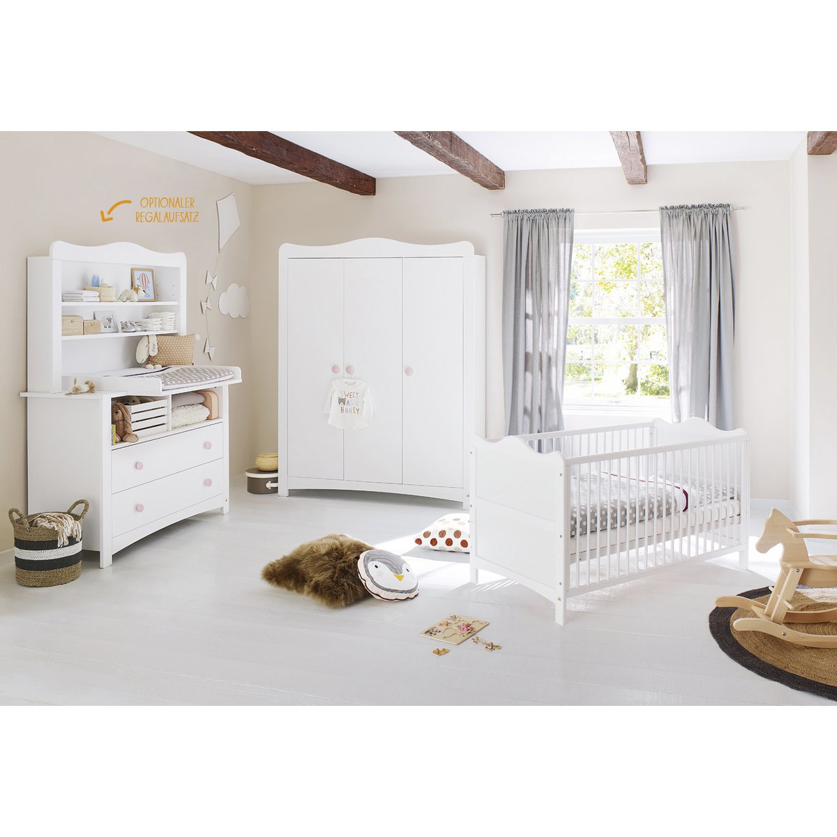 Kinderzimmer 'Florentina' extra breit groß, inkl. extra breites Regal 4-teilig: Kinderbett, extra breite Wickelkommode inkl. Extrabreites Regal, großer Kleiderschrank
