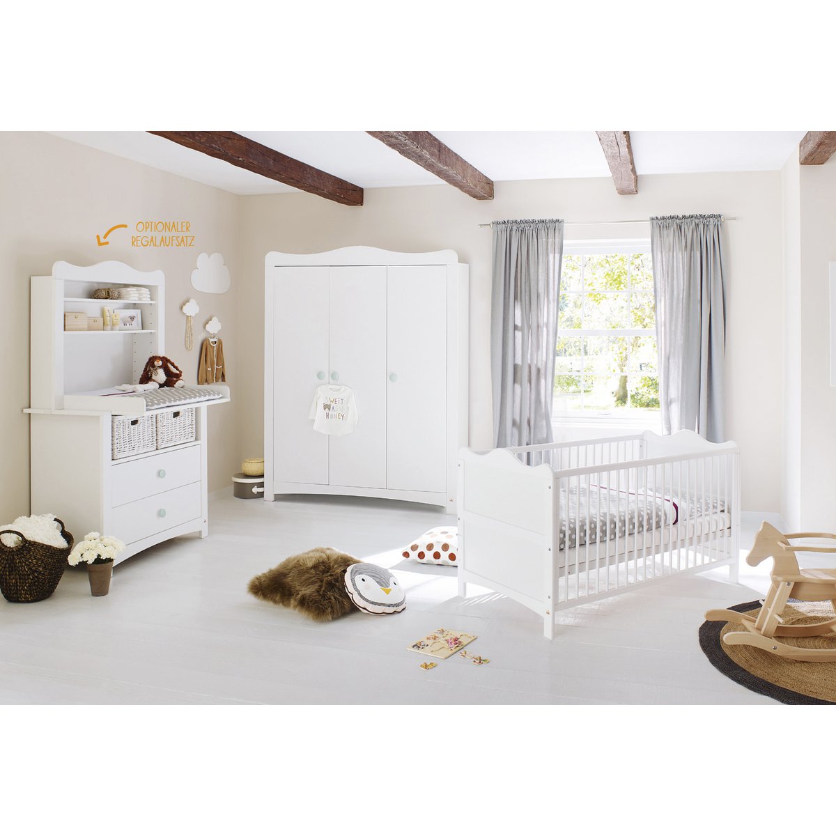 Kinderzimmer 'Florentina' breit groß, inkl. breite Regaleinheit 4-teilig: Kinderbett, breite Wickelkommode inkl. Breites Regal, großer Kleiderschrank