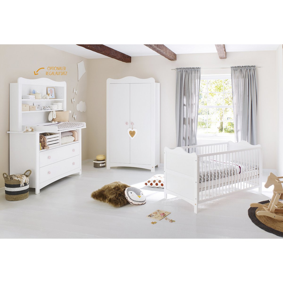 Kinderzimmer 'Florentina' extrabreit, inkl. extra breites Regal 4-teilig: Kinderbett, extra breite Wickelkommode inkl. Extra breites Regal, 2-türiger Kleiderschrank