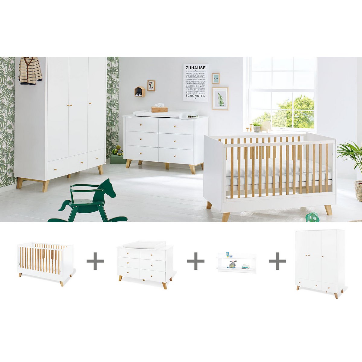 Kinderzimmer 'Pan' extra breit groß, inkl. Wandregal 4-teilig: Kinderbett, extra breite Wickelkommode, großer Kleiderschrank, Wandregal