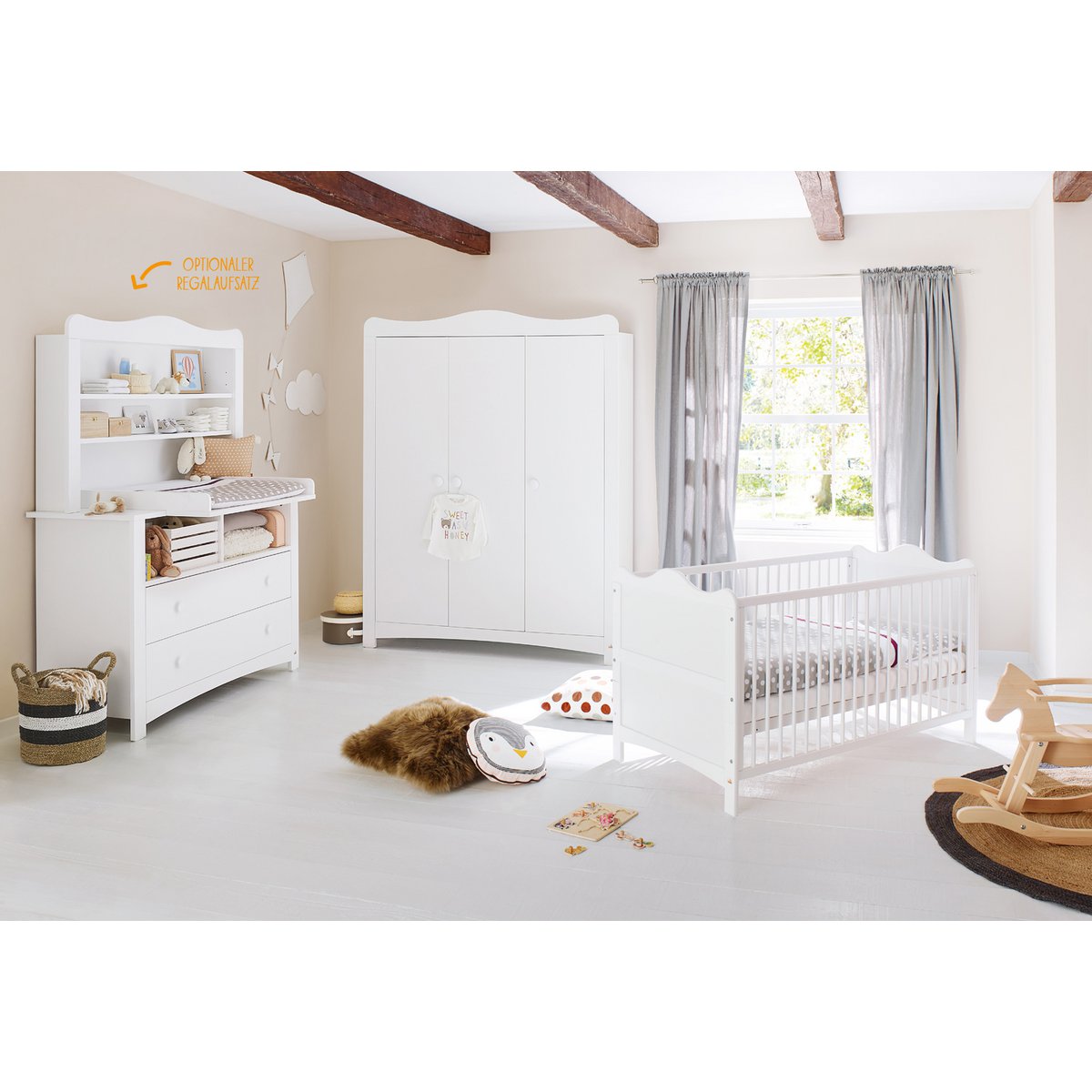 Kinderzimmer 'Florentina' extra breit groß, inkl. extra breites Regal 4-teilig: Kinderbett, extra breite Wickelkommode inkl. Extrabreites Regal, großer Kleiderschrank