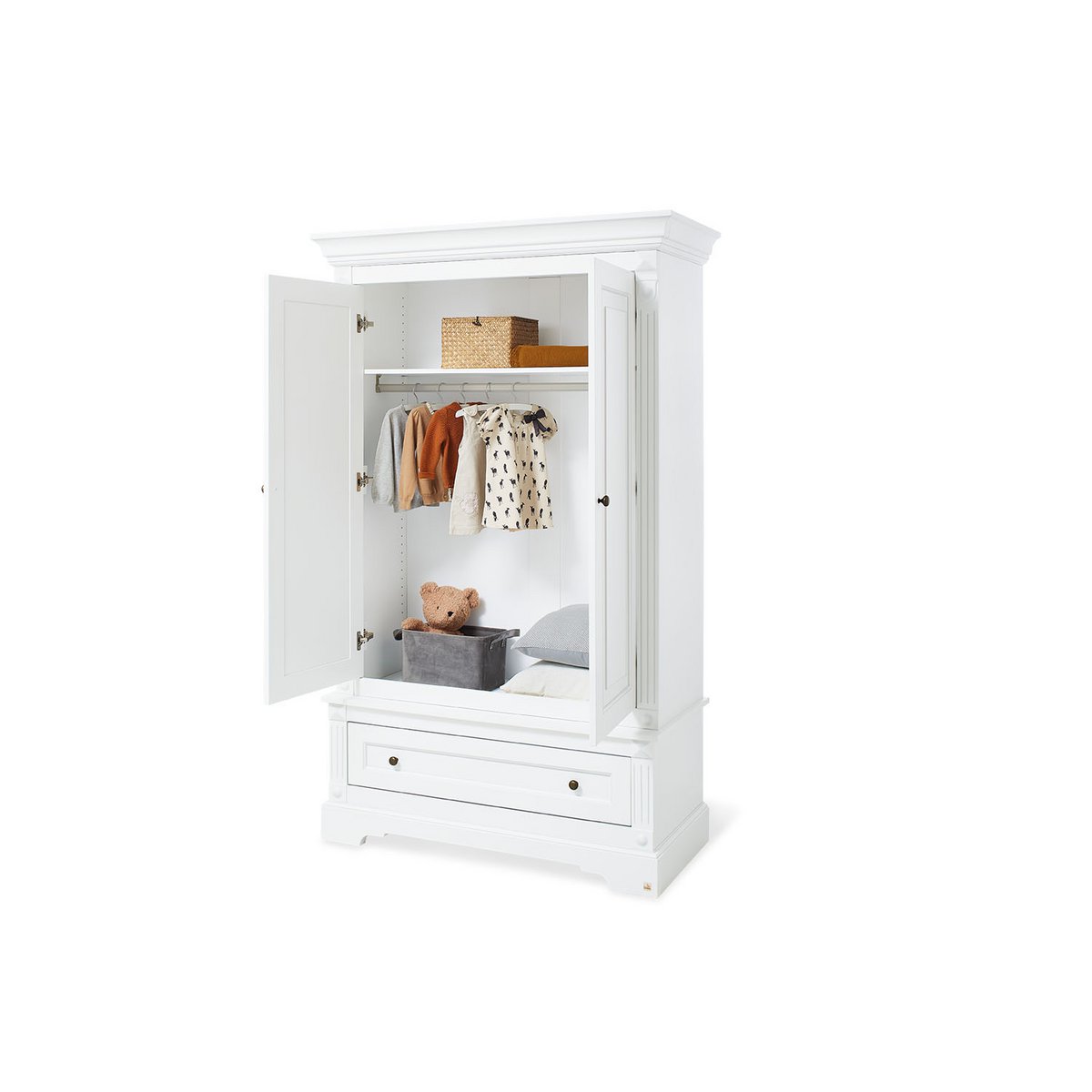 Kinderzimmer 'Emilia' breit, inkl. Wandregal 4-teilig: Kinderbett, breite Wickelkommode, 2-türiger Kleiderschrank, Wandregal