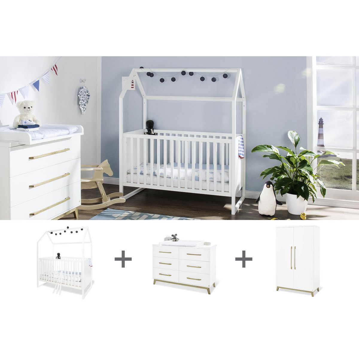 Nursery 'Hilda & Riva' extra wide, white
3 parts: house bed, extra wide changing unit, 2-door wardrobe