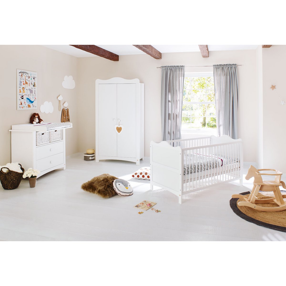 Kinderzimmer 'Florentina' breit 3-teilig: Kinderbett, breite Wickelkommode, 2-türiger Kleiderschrank