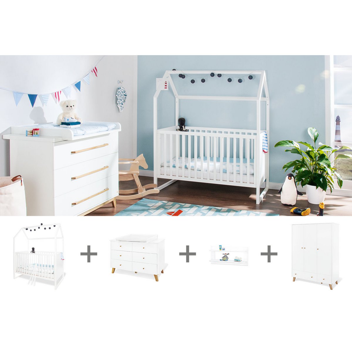 Nursery 'Hilda & Pan' extra wide large, white, incl. wall shelf
4 parts: house bed, extra wide changing unit, large wardrobe, wall shelf