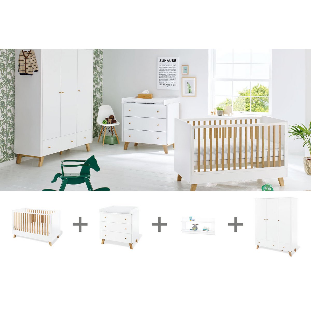  Kinderzimmer 'Pan' breit groß, inkl. Wandregal 4-teilig: Kinderbett, breite Wickelkommode, großer Kleiderschrank, Wandregal