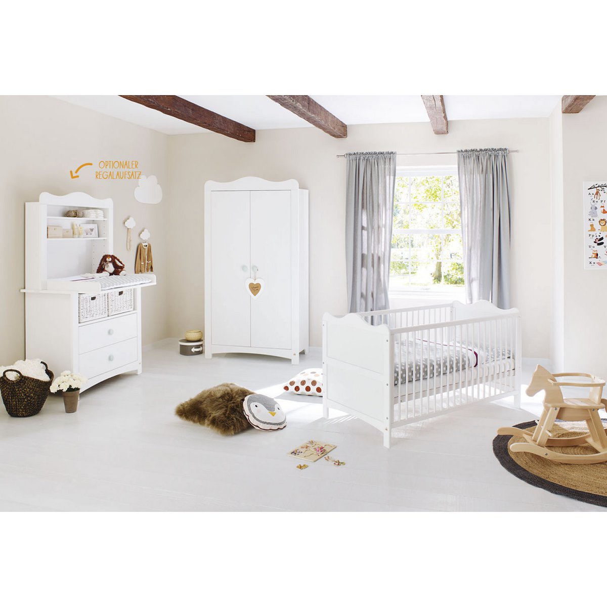 Kinderzimmer 'Florentina' breit, inkl. breite Regaleinheit 4-teilig: Kinderbett, breite Wickelkommode, breites Regal, 2-türiger Kleiderschrank