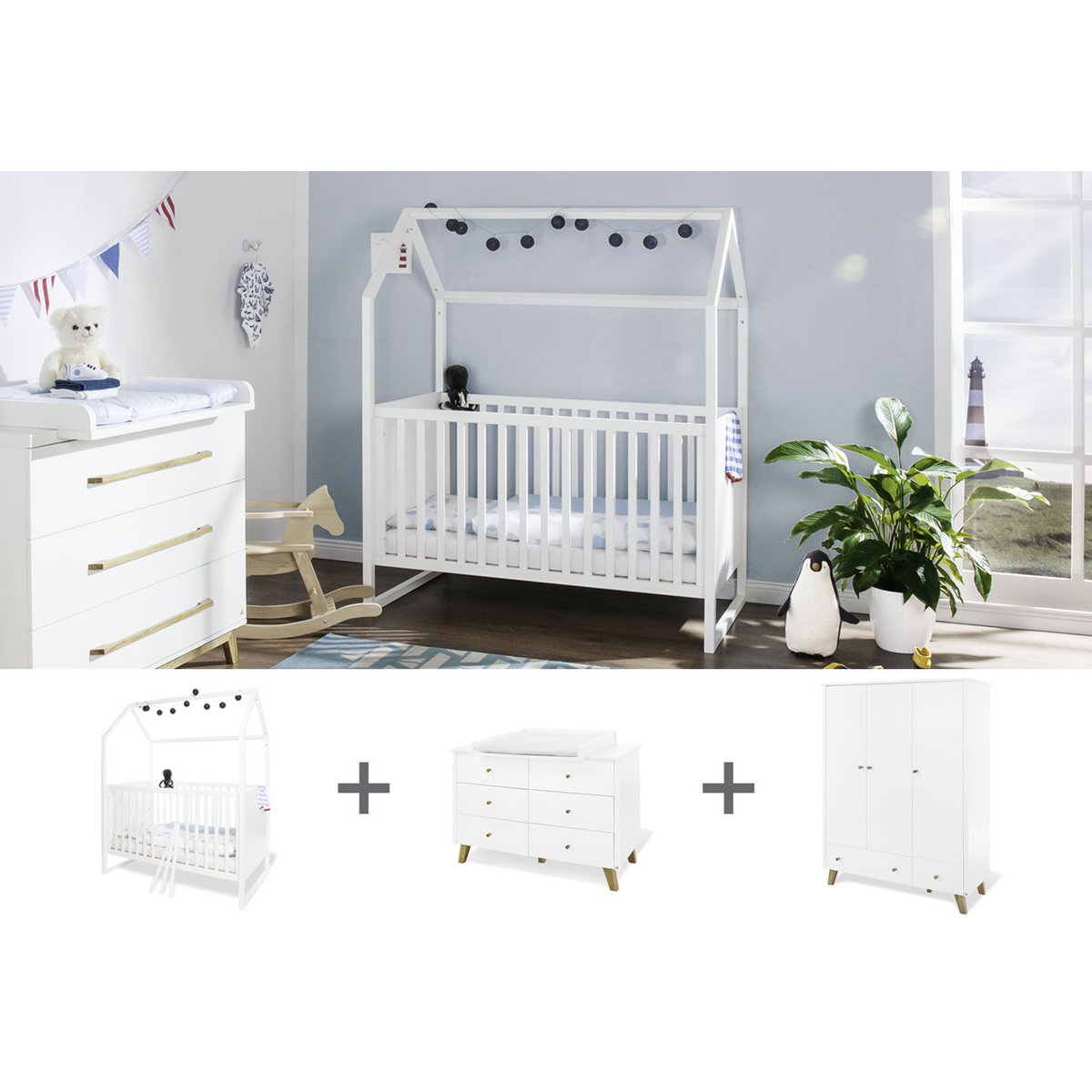 Nursery 'Hilda & Pan' extra wide large, white
3 parts: house bed, extra wide changing unit, large wardrobe