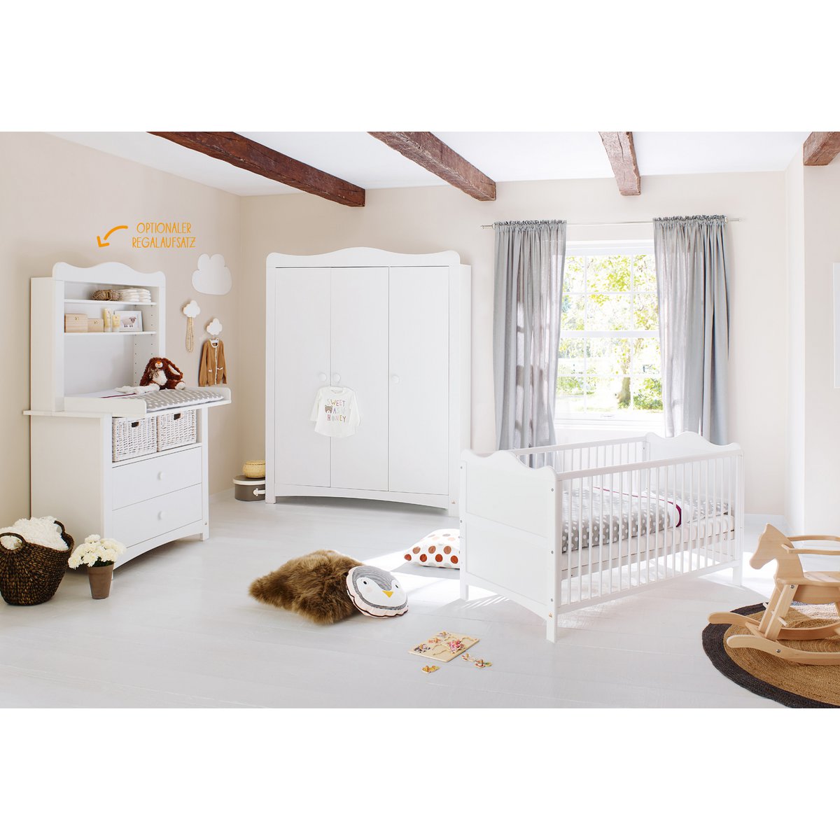 Kinderzimmer 'Florentina' breit groß, inkl. breite Regaleinheit 4-teilig: Kinderbett, breite Wickelkommode inkl. Breites Regal, großer Kleiderschrank