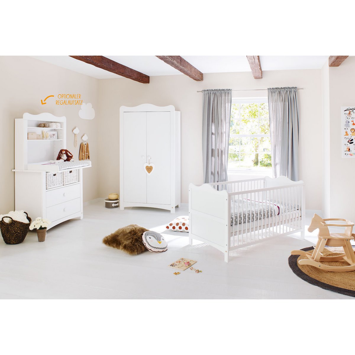 Kinderzimmer 'Florentina' breit, inkl. breite Regaleinheit 4-teilig: Kinderbett, breite Wickelkommode, breites Regal, 2-türiger Kleiderschrank