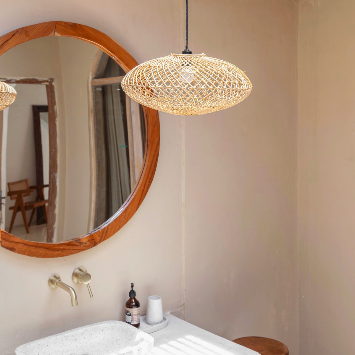 Rattan-Lampe, natürlicher Lampenschirm, ARANA, flache Deckenleuchte, Hängelampe aus Naturfasern