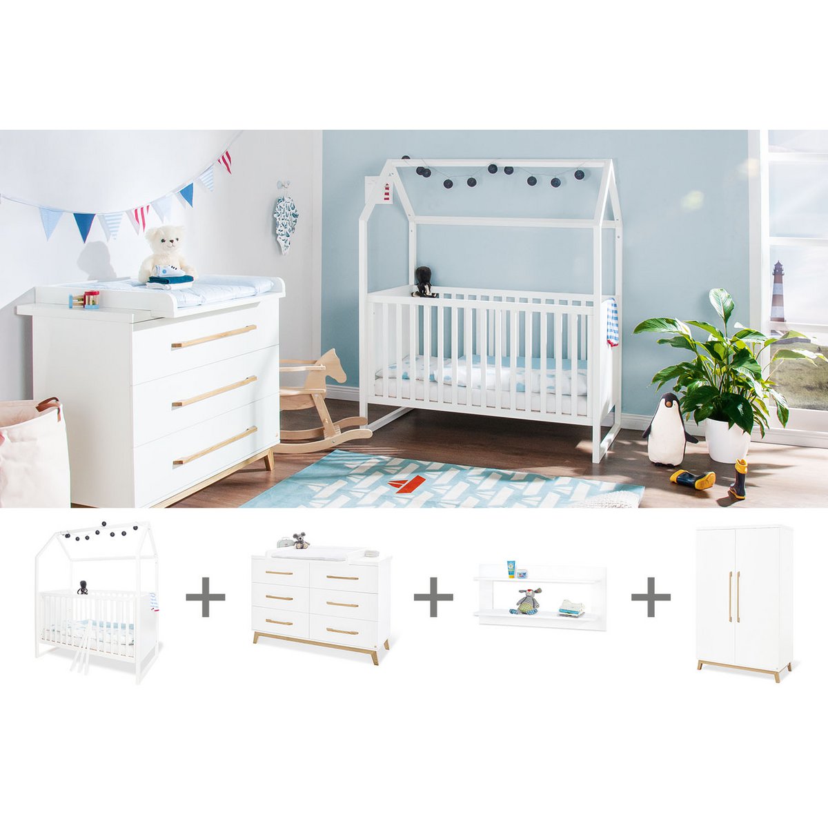 Nursery 'Hilda & Riva' extra wide, white, incl. wall shelf
4 parts: house bed, extra wide changing unit, 2-door wardrobe, wall shelf