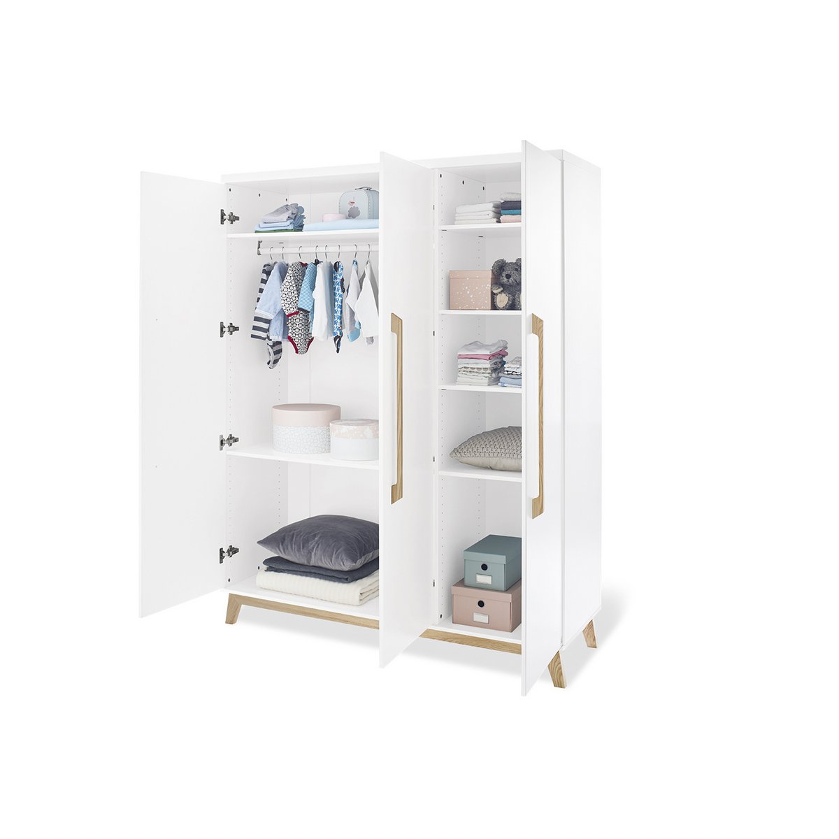 Nursery 'Riva' extra wide large, incl. wall shelf
4 parts: cot bed, extra wide changing unit, large wardrobe, wall shelf